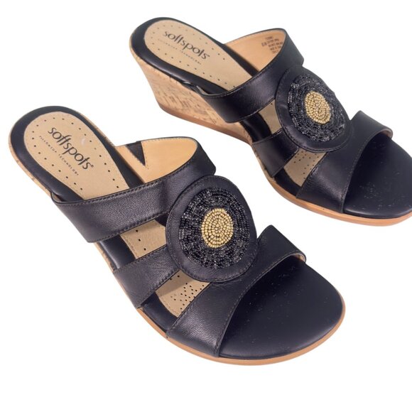 Softspots Women's Black Leather Sandals With Espadrille Cork Wedge Heel Sz 8.5 - Picture 9 of 9